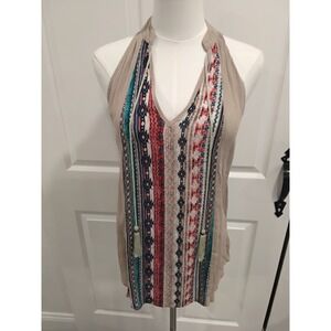 Staccato Boho Aztec Print Halter Neck Tank Top Beige Size S